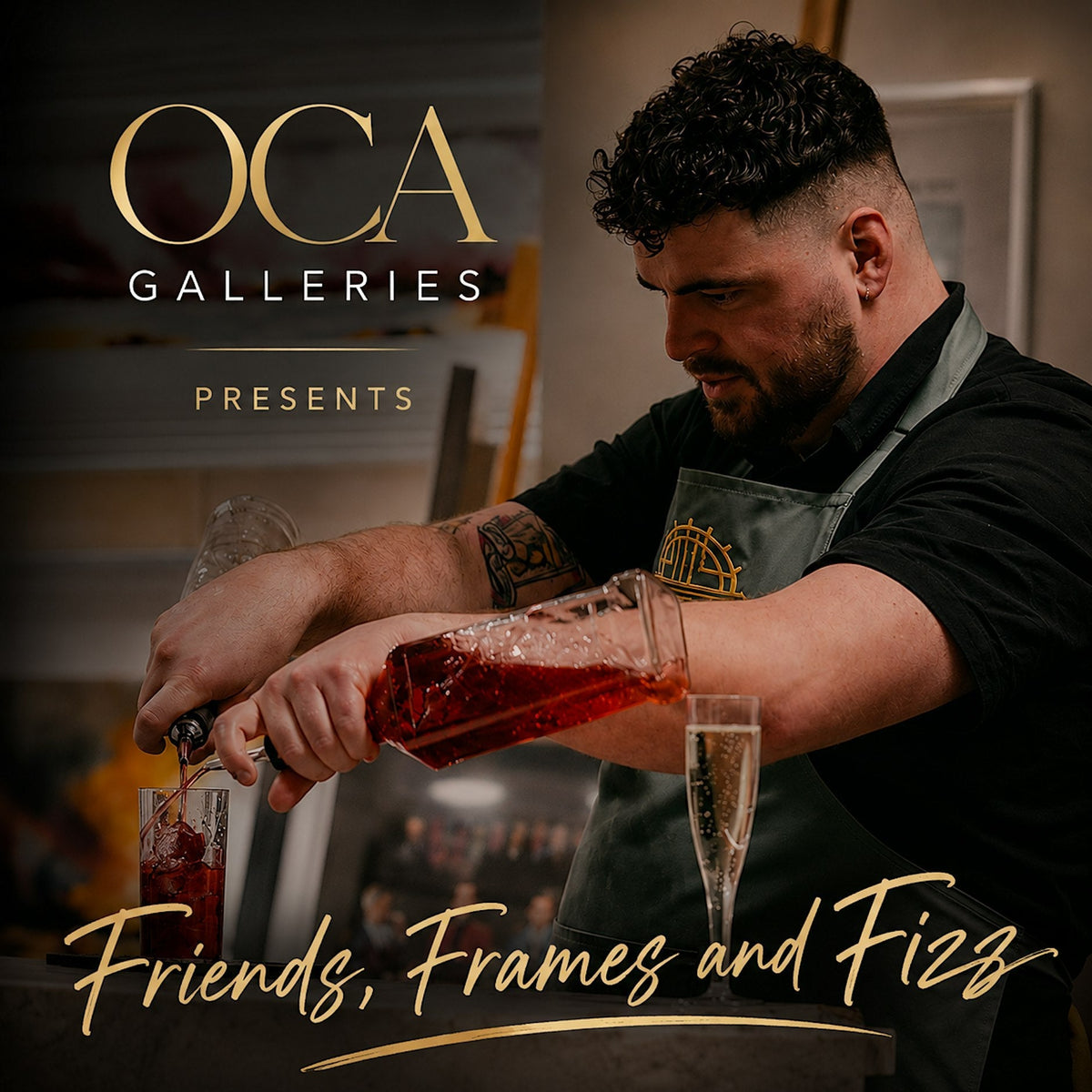 Friends, Frames &amp; Fizz at OCA Gallery - Thursday 20 August 2026, 6pm to 9pm. OCA Gallery, 4 Victoria Street, St Albans, AL1 3JD.
