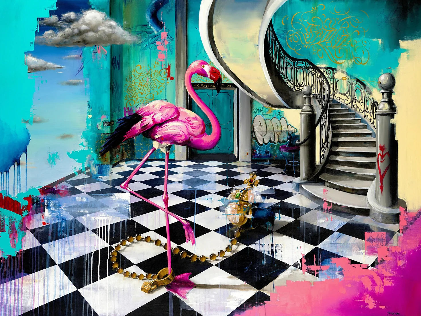 Flamingo and Orb on Aluminium by Tommy Fiendish