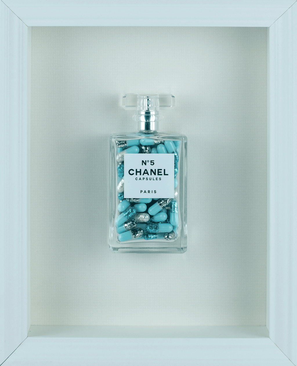 Chanel No.5 Capsules - (White Frame / Blue Pills) by Emma Gibbons