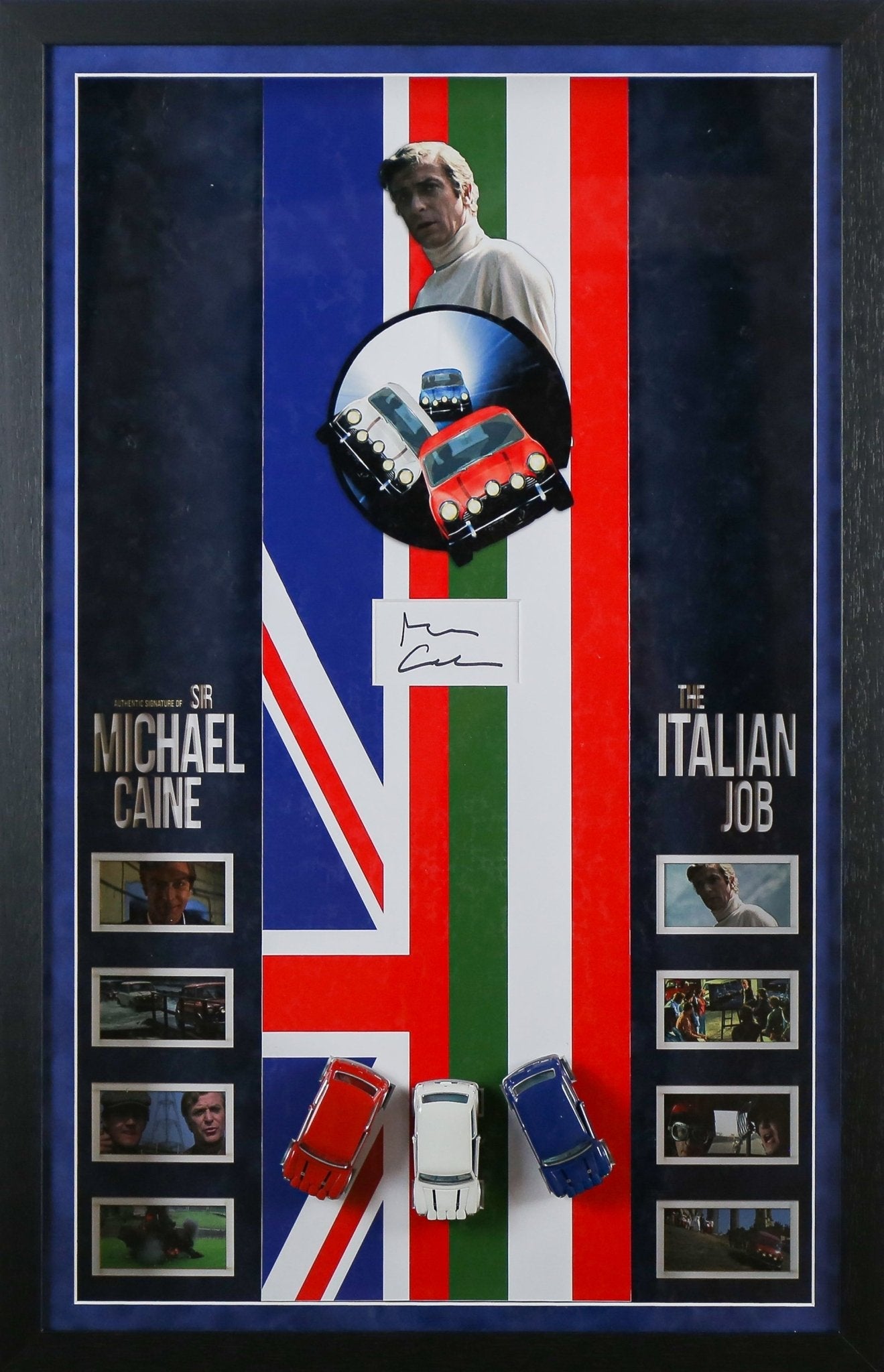 Michael Caine, The Italian Job Signed White card Framed Display with Minis